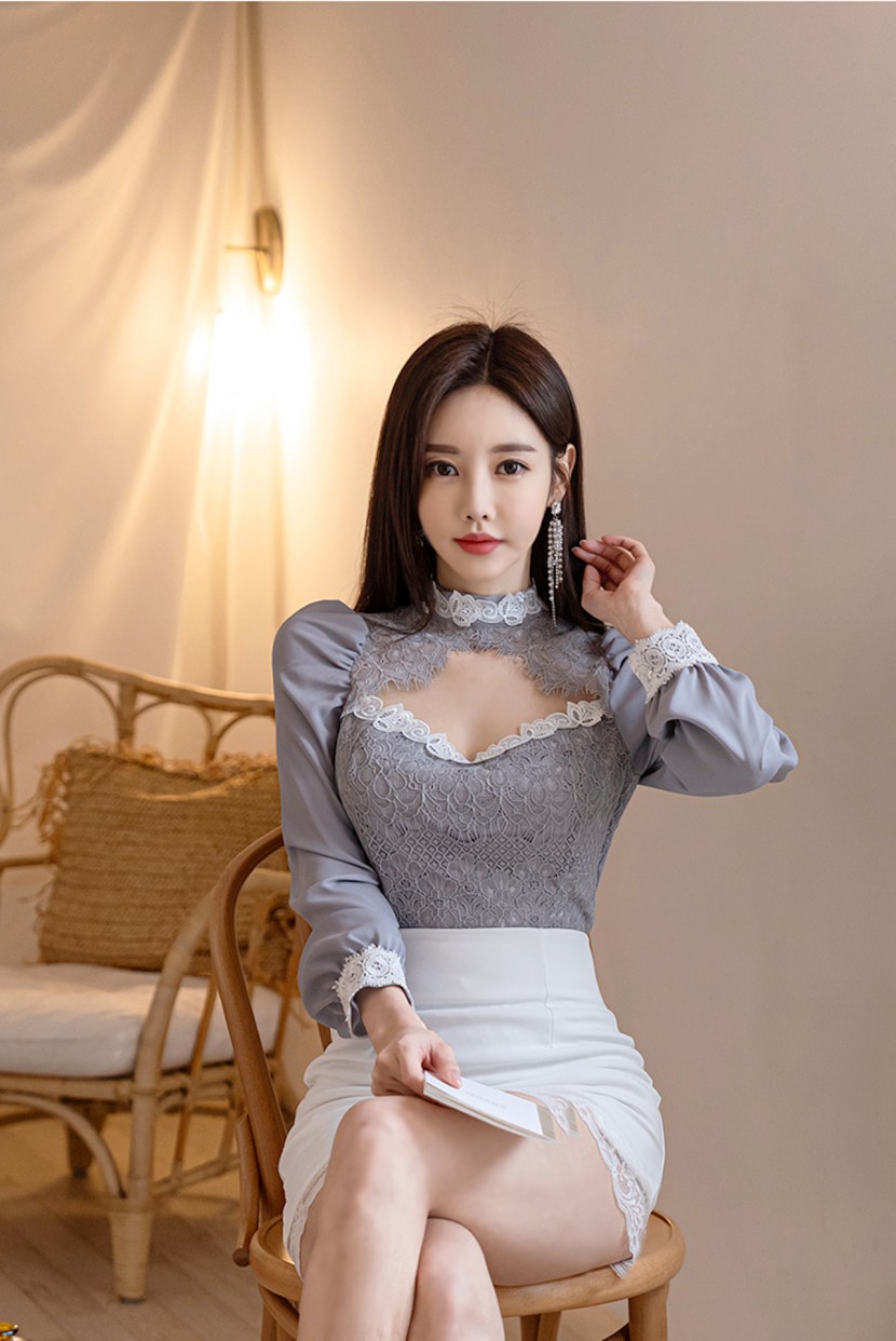 韩国美女网红孙允珠迷人紫色长袖衫加包臀裙图片