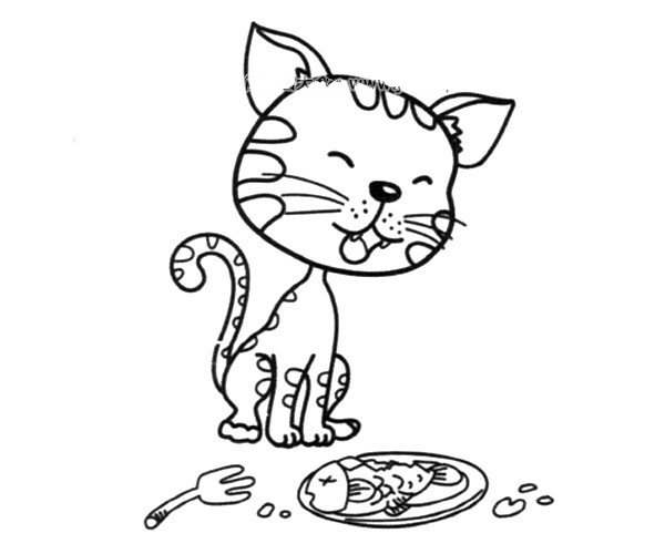 小猫吃鱼卡通简笔画图片