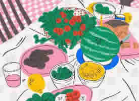 一组水果与美味食物的绘画图片