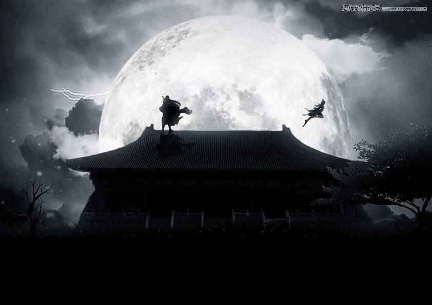 Photoshop合成月色下在屋顶上决战的武士,PS教程,PS家园网