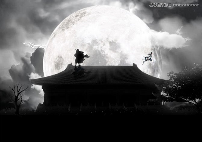 Photoshop合成月色下在屋顶上决战的武士,PS教程,PS家园网