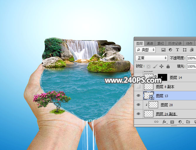 Photoshop创意合成手捧着瀑布微观场景图,PS教程,PS家园网