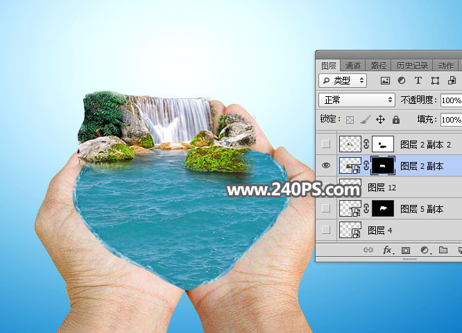 Photoshop创意合成手捧着瀑布微观场景图,PS教程,PS家园网