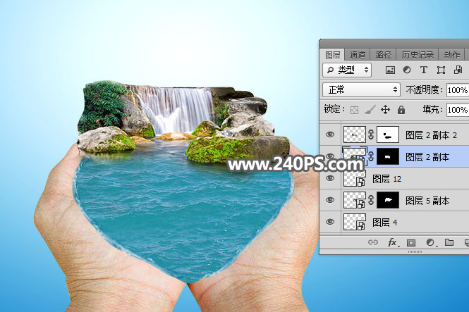 Photoshop创意合成手捧着瀑布微观场景图,PS教程,PS家园网