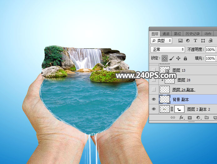 Photoshop创意合成手捧着瀑布微观场景图,PS教程,PS家园网