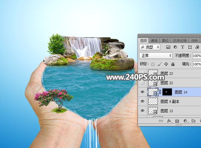 Photoshop创意合成手捧着瀑布微观场景图,PS教程,PS家园网