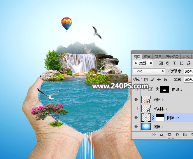 Photoshop创意合成手捧着瀑布微观场景图,PS教程,PS家园网
