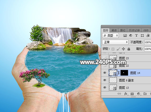 Photoshop创意合成手捧着瀑布微观场景图,PS教程,PS家园网