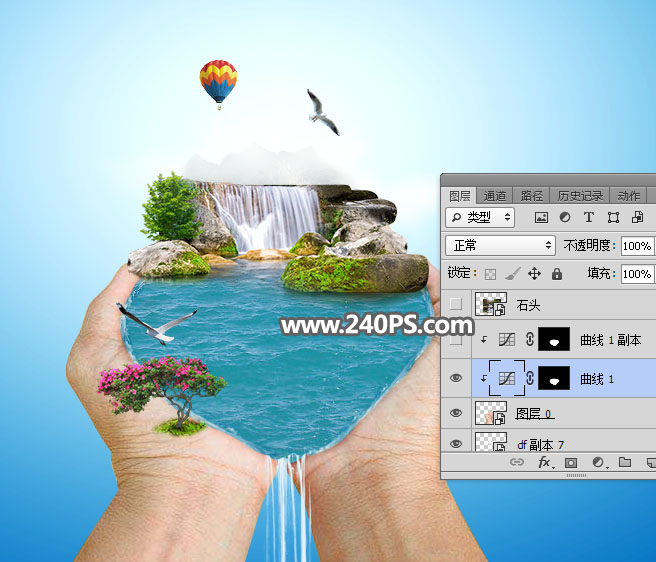 Photoshop创意合成手捧着瀑布微观场景图,PS教程,PS家园网