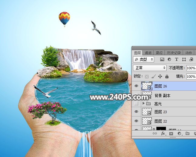 Photoshop创意合成手捧着瀑布微观场景图,PS教程,PS家园网