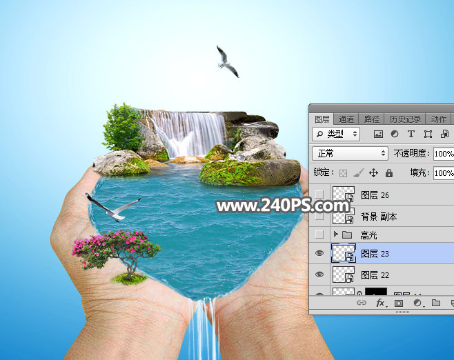 Photoshop创意合成手捧着瀑布微观场景图,PS教程,PS家园网