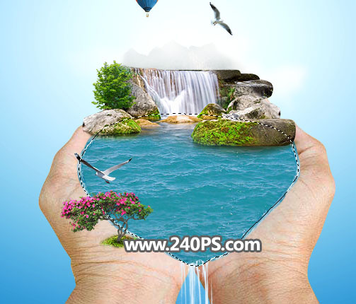 Photoshop创意合成手捧着瀑布微观场景图,PS教程,PS家园网