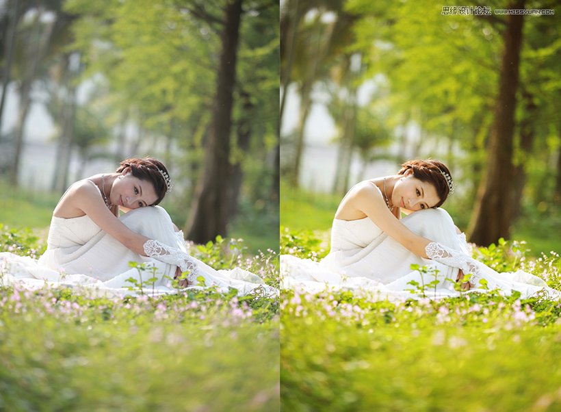 Photoshop调出外景婚纱照片暖色清新效果,PS教程,PS家园网