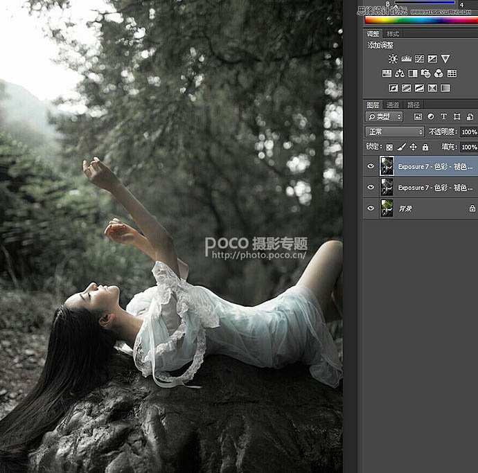 Photoshop调出外景人像黑白光线照射效果