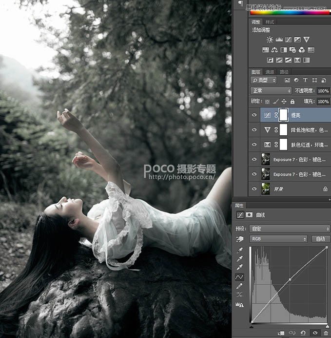 Photoshop调出外景人像黑白光线照射效果