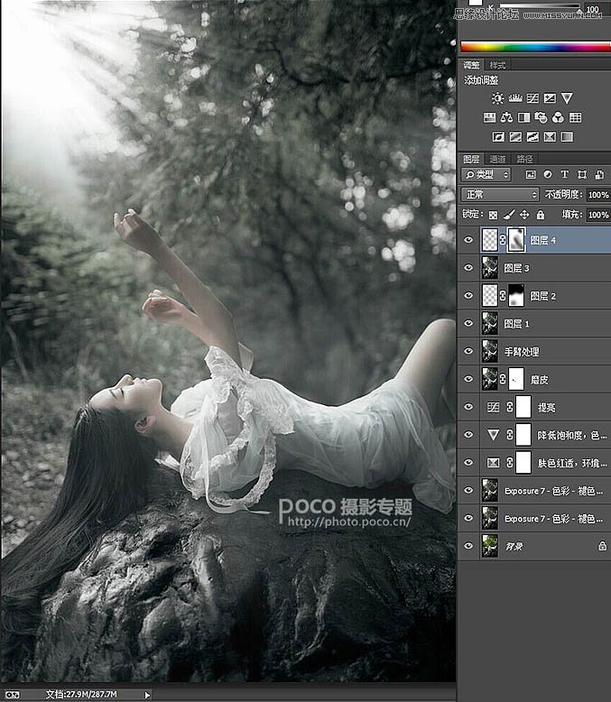 Photoshop调出外景人像黑白光线照射效果