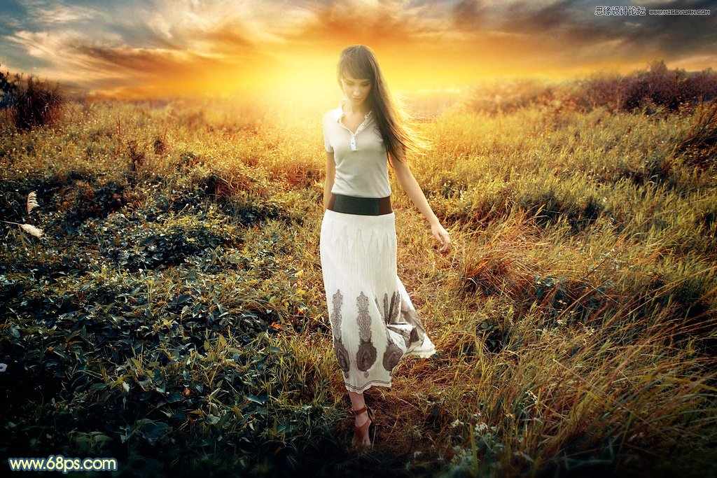 Photoshop给外景人像添加夕阳美景效果