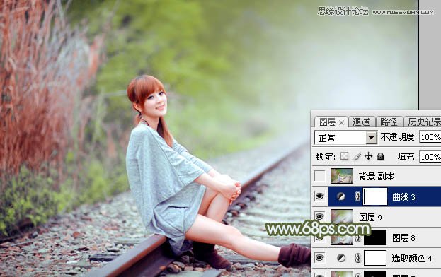 Photoshop调出铁轨美女照片柔美的逆光效果