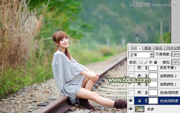 Photoshop调出铁轨美女照片柔美的逆光效果
