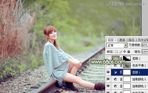 Photoshop调出铁轨美女照片柔美的逆光效果