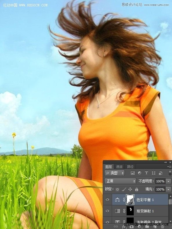 Photoshop调出草地女孩唯美的青绿色调