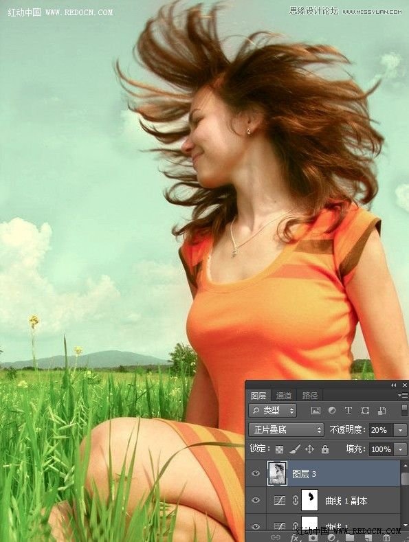 Photoshop调出草地女孩唯美的青绿色调