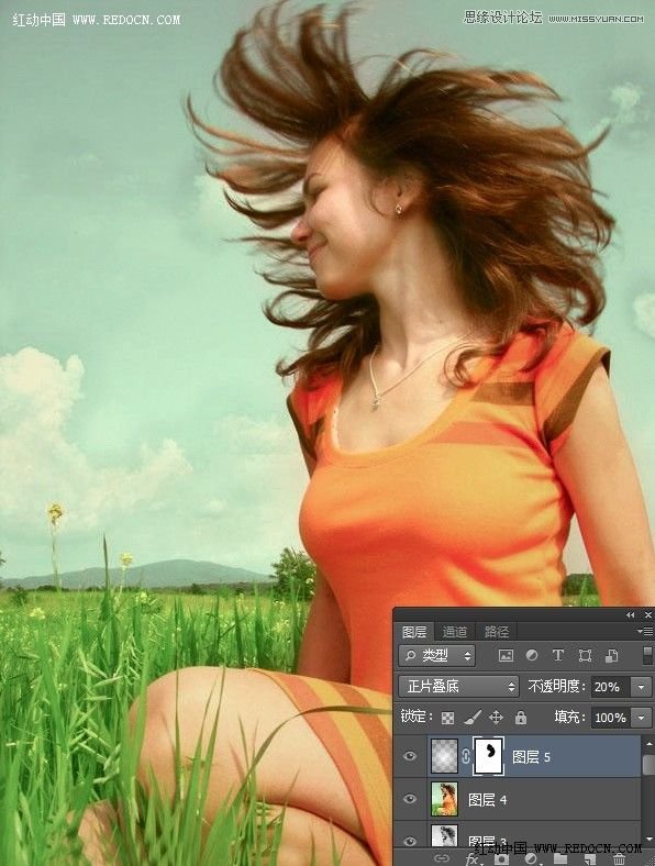 Photoshop调出草地女孩唯美的青绿色调
