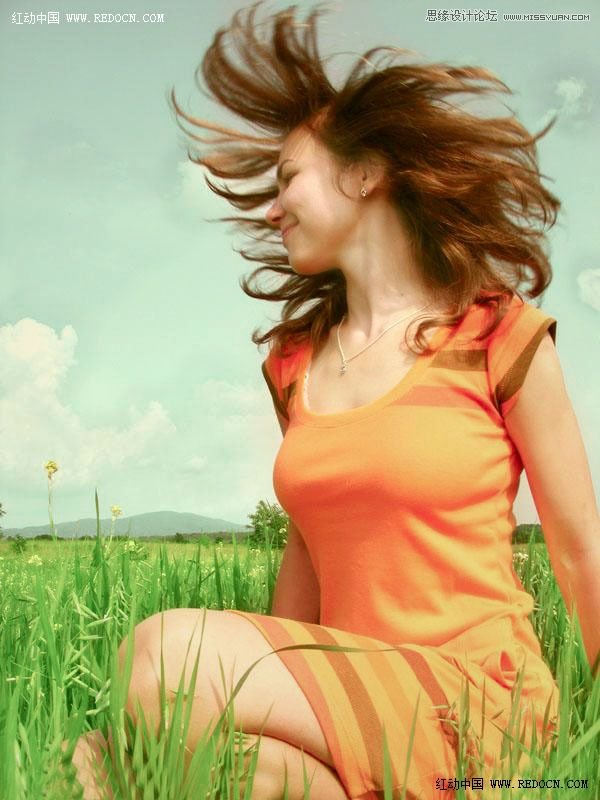 Photoshop调出草地女孩唯美的青绿色调