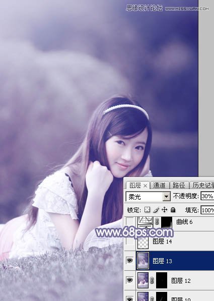 Photoshop调出草地女孩唯美紫色调