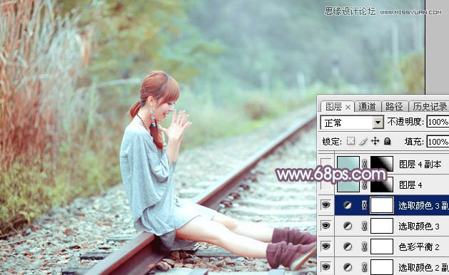 Photoshop调出铁轨上的外景女孩唯美暖色效果