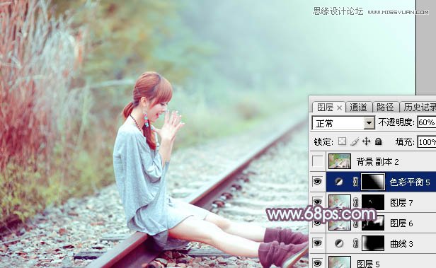 Photoshop调出铁轨上的外景女孩唯美暖色效果
