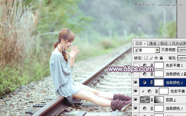 Photoshop调出铁轨上的外景女孩唯美暖色效果