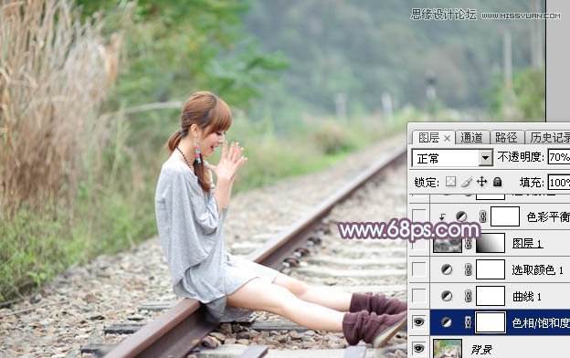 Photoshop调出铁轨上的外景女孩唯美暖色效果