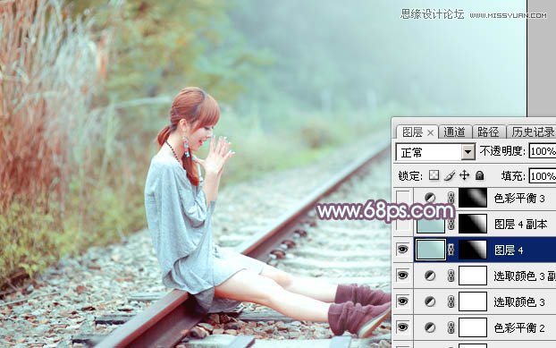 Photoshop调出铁轨上的外景女孩唯美暖色效果