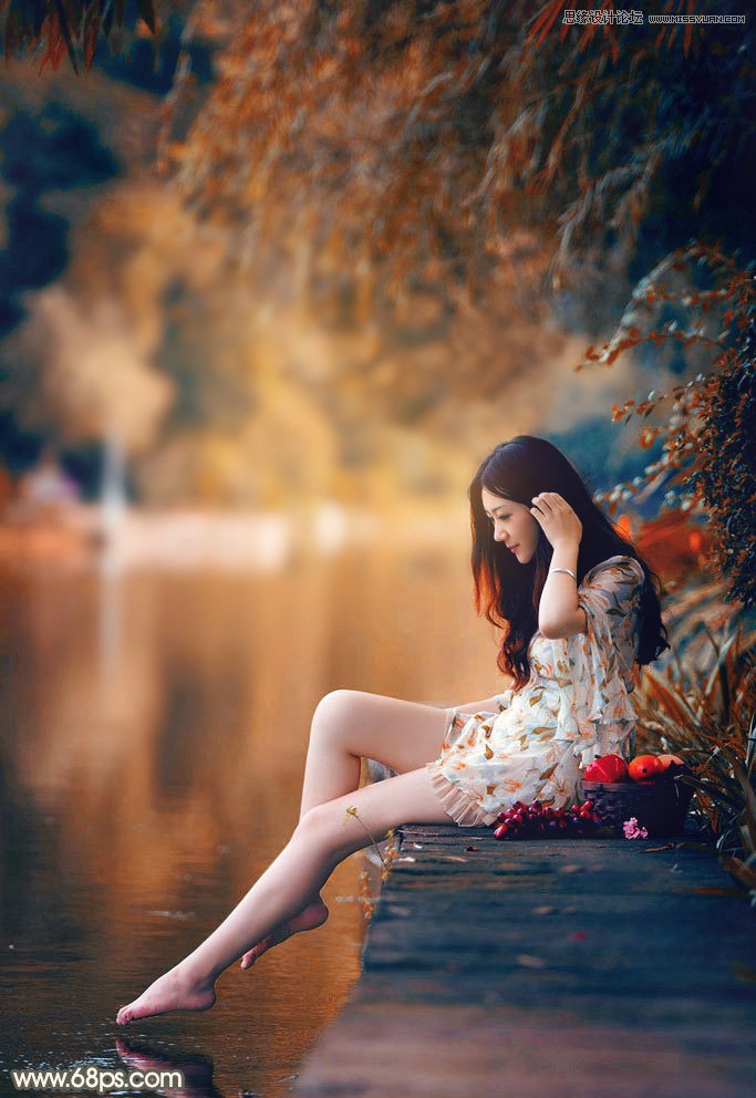 Photoshop调出河边美丽女孩秋季淡黄色调
