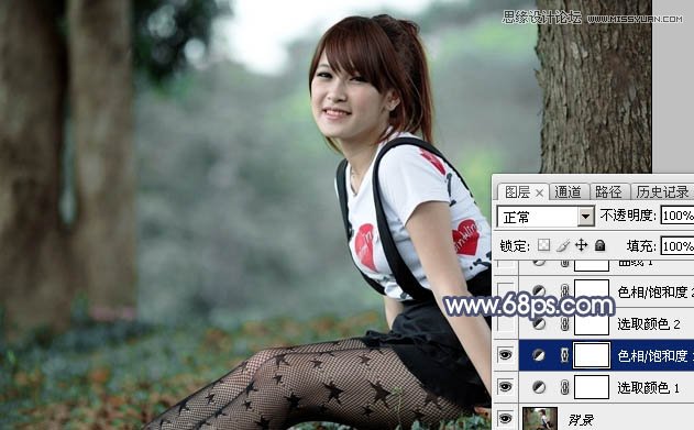 Photoshop调出树下清纯女孩唯美蓝色效果