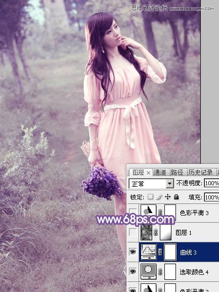 Photoshop调出林中模特唯美紫色效果