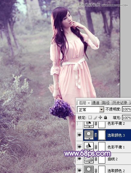 Photoshop调出林中模特唯美紫色效果