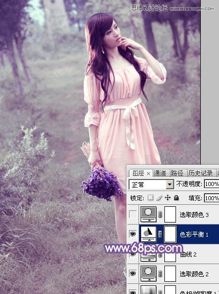 Photoshop调出林中模特唯美紫色效果