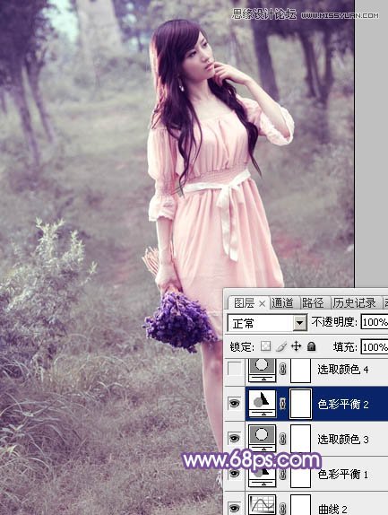 Photoshop调出林中模特唯美紫色效果