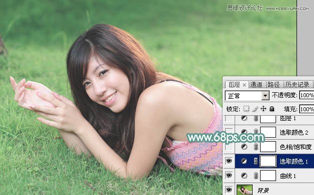 Photoshop调出草地美女优美的淡绿色调