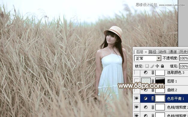 Photoshop调出芦苇丛女孩冷色淡雅肤色效果