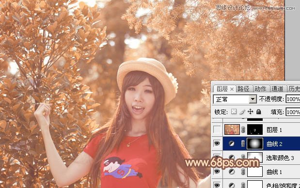 Photoshop调出林中女孩秋季黄褐色调