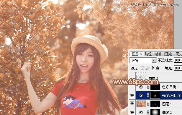 Photoshop调出林中女孩秋季黄褐色调