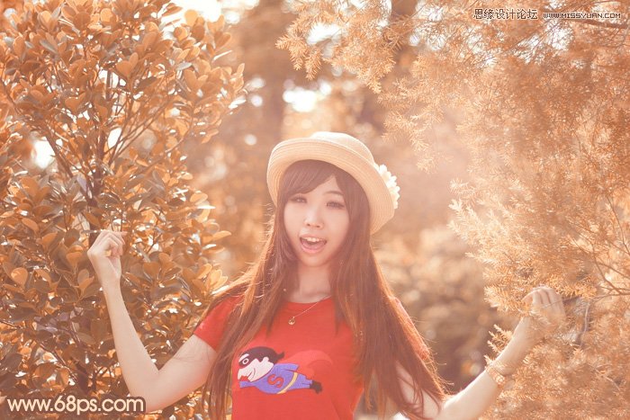 Photoshop调出林中女孩秋季黄褐色调