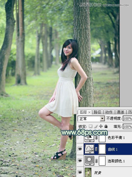 Photoshop调出树下美女淡淡的青色效果