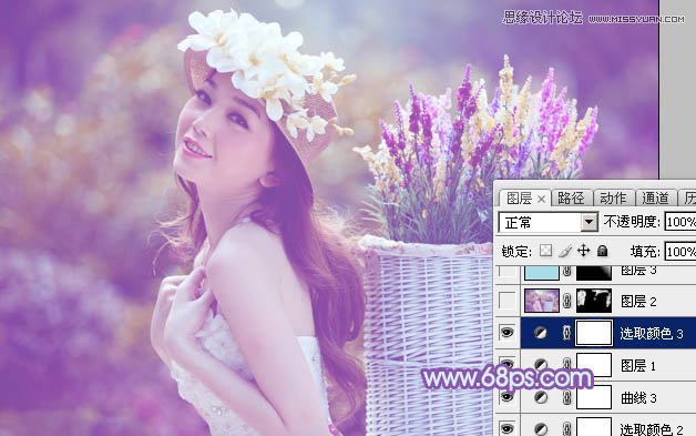 Photoshop调出背着草楼女孩梦幻紫色调