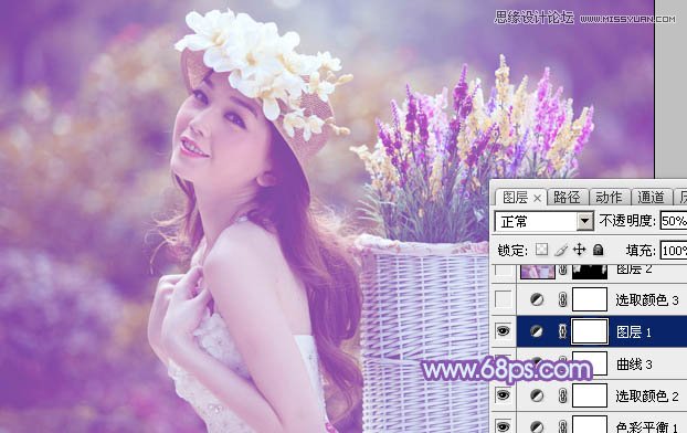 Photoshop调出背着草楼女孩梦幻紫色调