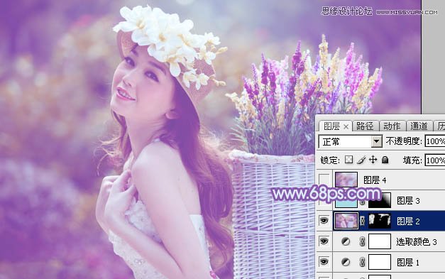 Photoshop调出背着草楼女孩梦幻紫色调