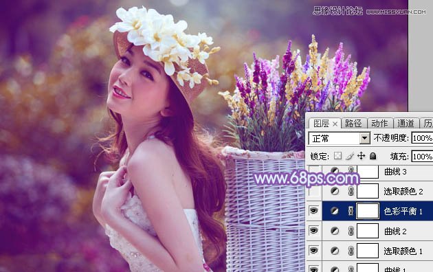 Photoshop调出背着草楼女孩梦幻紫色调